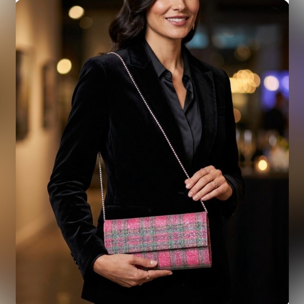 nOir Jewelry Pink Plaid Evening Crossbody Clutch